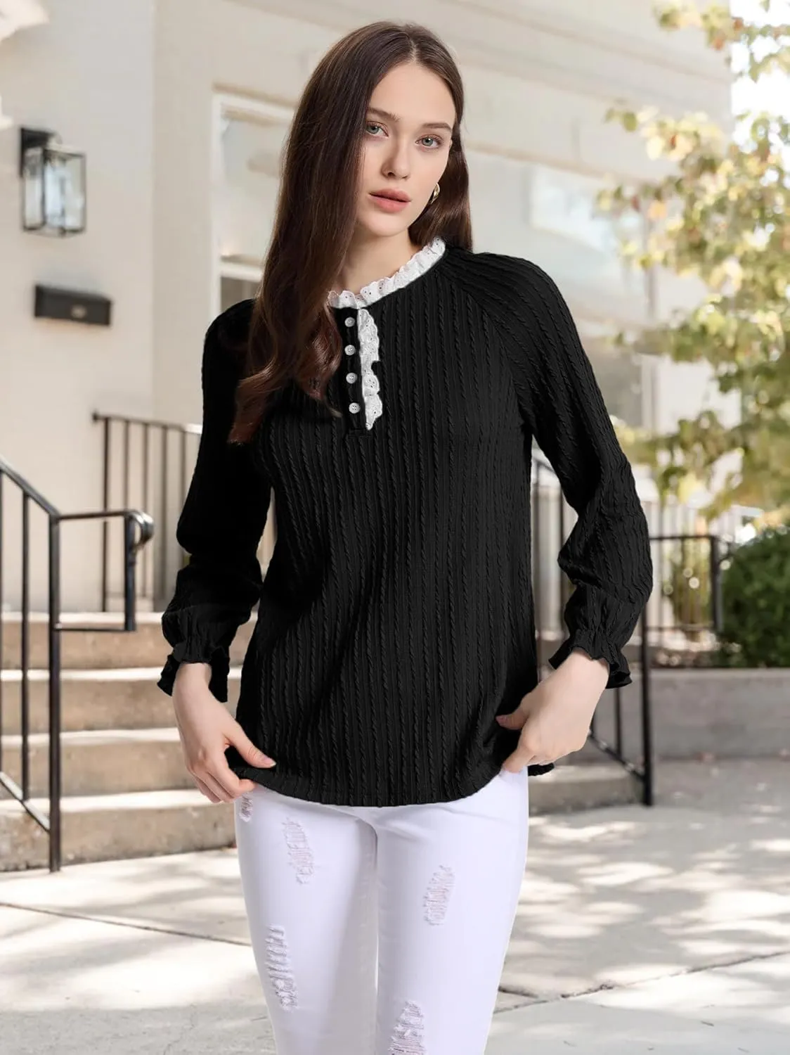 Women Lace Neck Tops Henley Shirts Button Down Tunic Long Sleeve Ruffle Cuffs Blouses Dressy Casual Fall Outfits