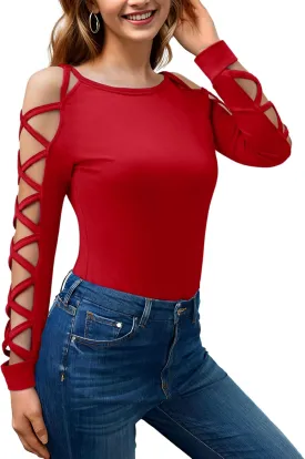 Women Sexy Tops Cold Shoulder Criss-Cross Long Sleeve Shirt Dressy Casual Hollow Cut Out Night Club Party Blouse