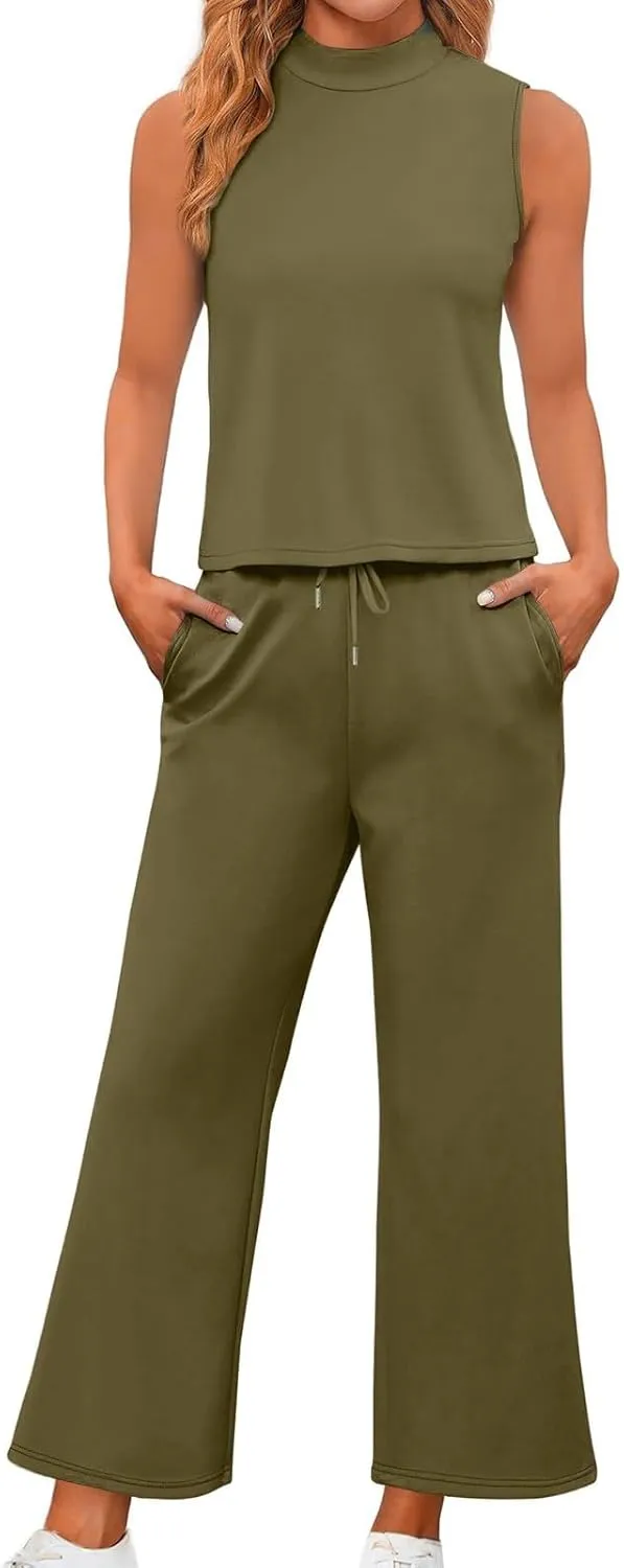 Womens 2 Piece Outfits 2025 Summer Travel Tracksuit Two Piece Sets Loose Wide Leg Loungewear Comfy Lounge Sets