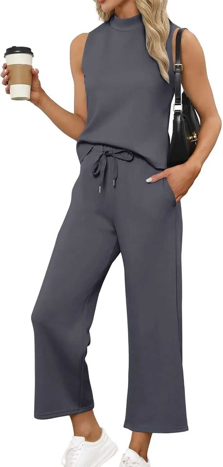 Womens 2 Piece Outfits 2025 Summer Travel Tracksuit Two Piece Sets Loose Wide Leg Loungewear Comfy Lounge Sets