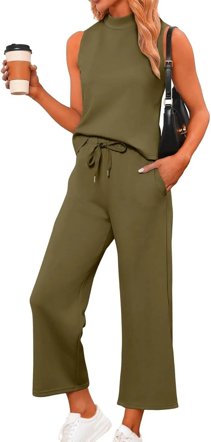 Womens 2 Piece Outfits 2025 Summer Travel Tracksuit Two Piece Sets Loose Wide Leg Loungewear Comfy Lounge Sets