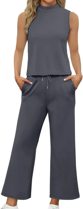 Womens 2 Piece Outfits 2025 Summer Travel Tracksuit Two Piece Sets Loose Wide Leg Loungewear Comfy Lounge Sets
