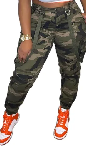 Womens Camo Cargo High Waist Pants Camouflage Military Elastic Trousers with Pockets