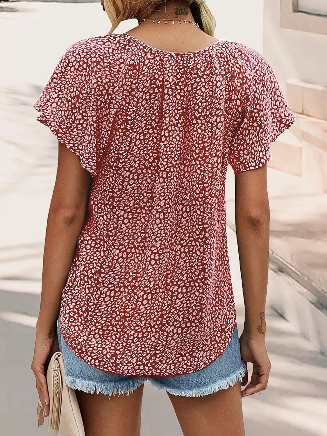 Women's Casual Floral Ruffle Short Sleeve Tops Cute Boho V Neck Loose Blouses Summer Fall Shirts