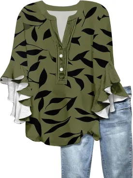 Women's Clothing 3/4 Ruffle Sleeves V Neck Tops Trendy Vintage Floral Boho Blouses Button Tunic Vacation Tee Shirts