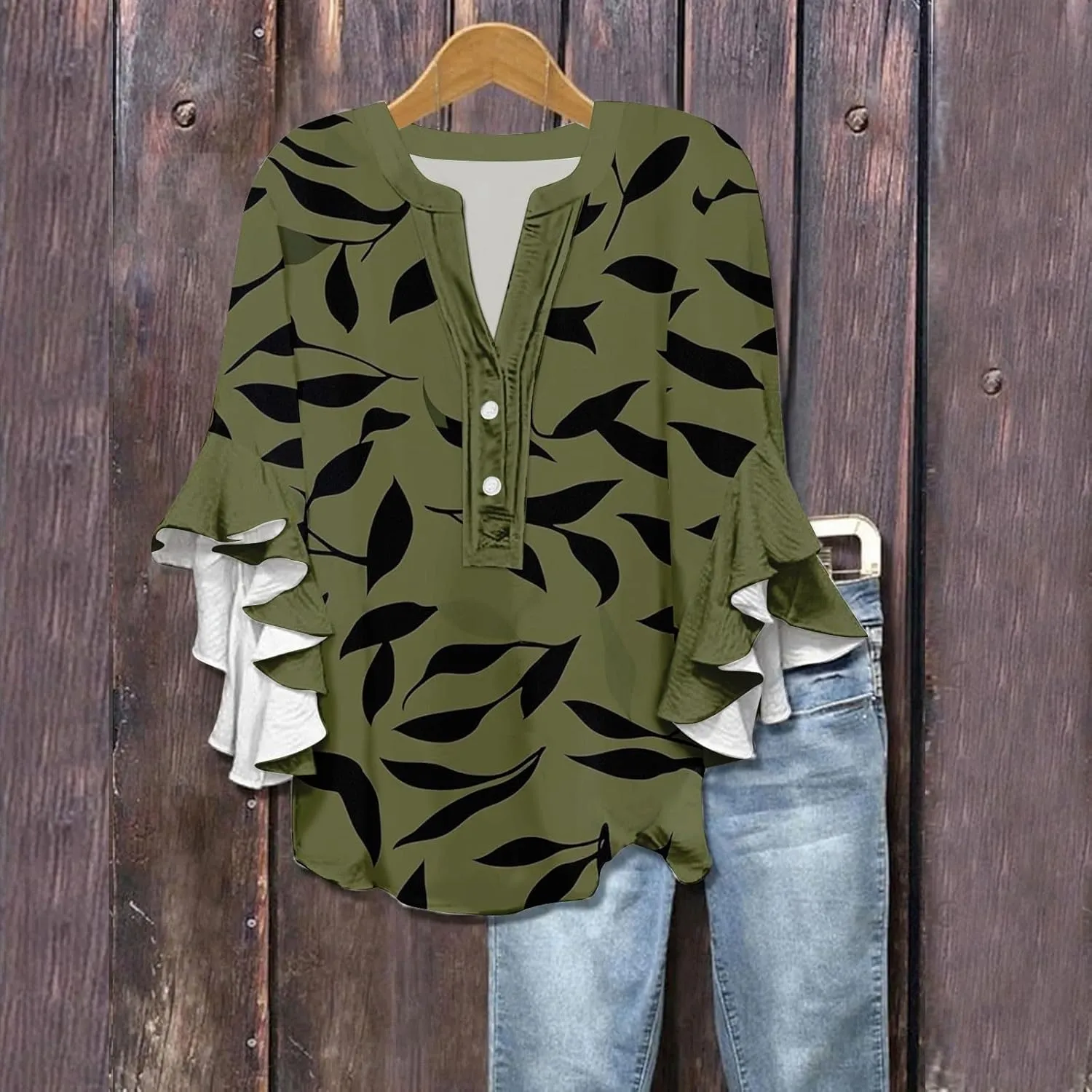 Women's Clothing 3/4 Ruffle Sleeves V Neck Tops Trendy Vintage Floral Boho Blouses Button Tunic Vacation Tee Shirts