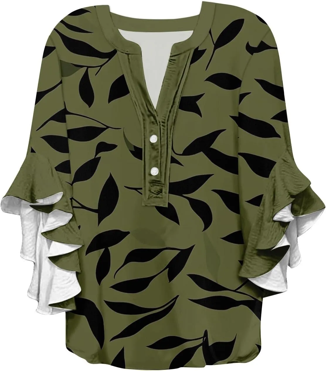 Women's Clothing 3/4 Ruffle Sleeves V Neck Tops Trendy Vintage Floral Boho Blouses Button Tunic Vacation Tee Shirts