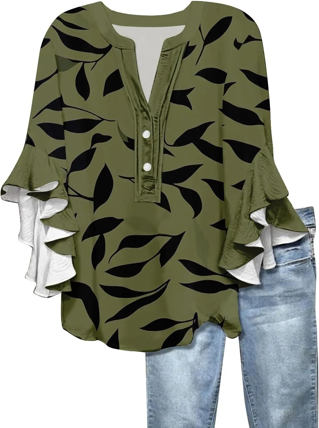 Women's Clothing 3/4 Ruffle Sleeves V Neck Tops Trendy Vintage Floral Boho Blouses Button Tunic Vacation Tee Shirts