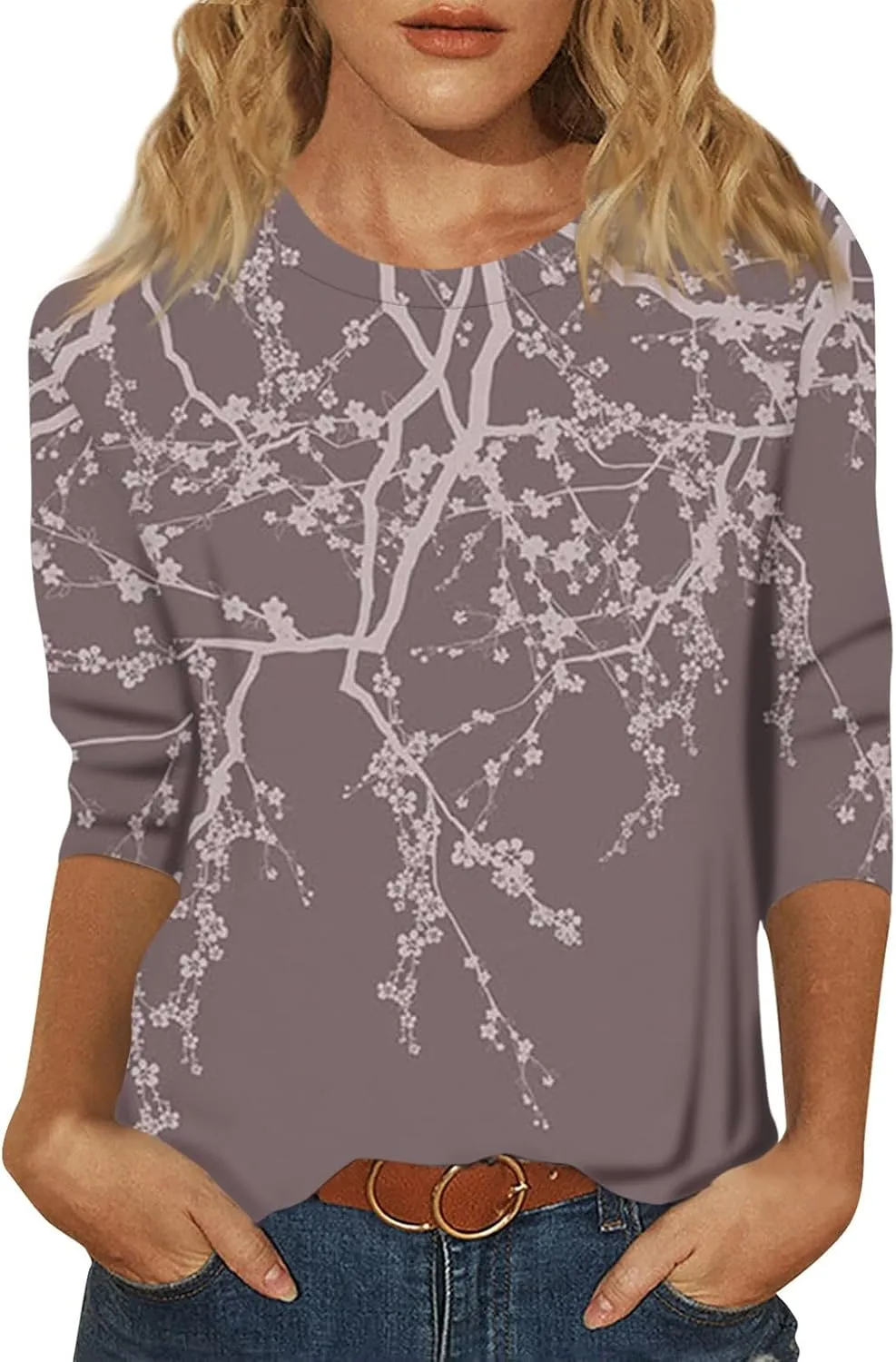 Womens Fall Tops 3/4 Sleeve Crewneck Cute Shirts Casual Trendy Print Blouses Length T Shirt 2024