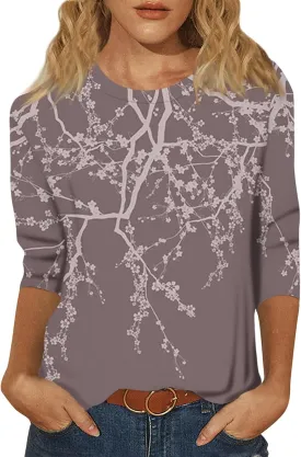Womens Fall Tops 3/4 Sleeve Crewneck Cute Shirts Casual Trendy Print Blouses Length T Shirt 2024