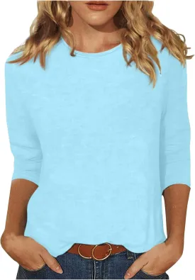 Womens Fall Tops 3/4 Sleeve Crewneck Cute Shirts Casual Trendy Print Blouses Length T Shirt 2024