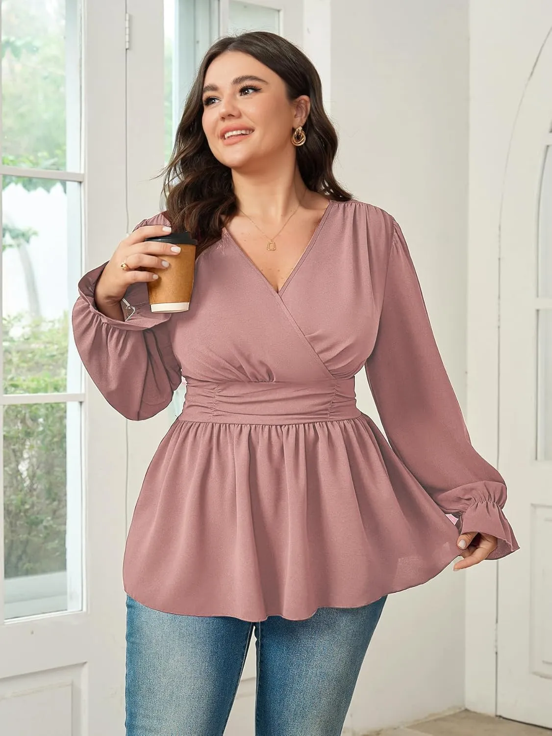 Women's Plus Size Tops Wrap Blouse V Neck Long Sleeve Ruffle Peplum Tops Casual Ruched Top