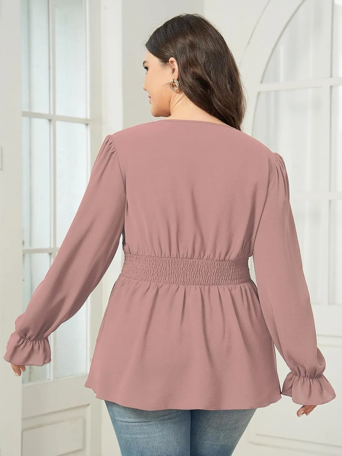 Women's Plus Size Tops Wrap Blouse V Neck Long Sleeve Ruffle Peplum Tops Casual Ruched Top