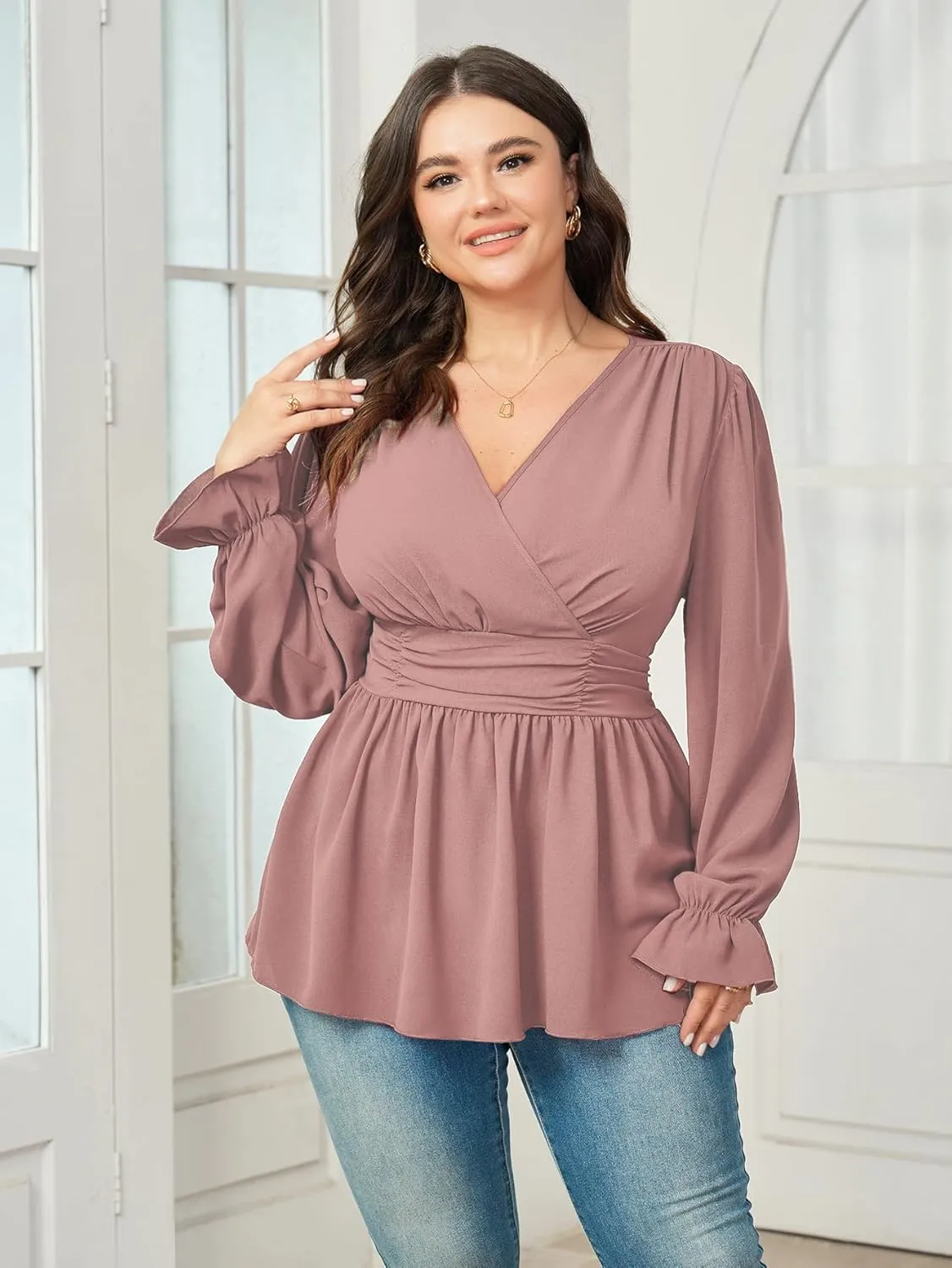 Women's Plus Size Tops Wrap Blouse V Neck Long Sleeve Ruffle Peplum Tops Casual Ruched Top