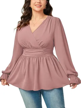 Women's Plus Size Tops Wrap Blouse V Neck Long Sleeve Ruffle Peplum Tops Casual Ruched Top
