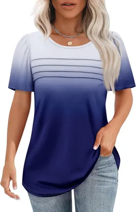 Womens Short Sleeve Tops Dressy Casual Blouses Spring Summer Outfits Flowy Pleated Front Crewneck Tee Shirts