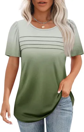 Womens Short Sleeve Tops Dressy Casual Blouses Spring Summer Outfits Flowy Pleated Front Crewneck Tee Shirts