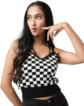 Womens Sleeveless Tank Top in Black/White Combo Medium Size | Spring Tops for Women in Checkerboard Pattern | Double Front & Back V-Neck Tank Tops for Casual wear & More