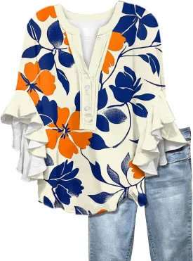 Womens Summer Tops 3/4 Length Sleeve Shirts for Women Plus Size Ruffle Sleeve V Neck Button Down Floral Tunic Tops