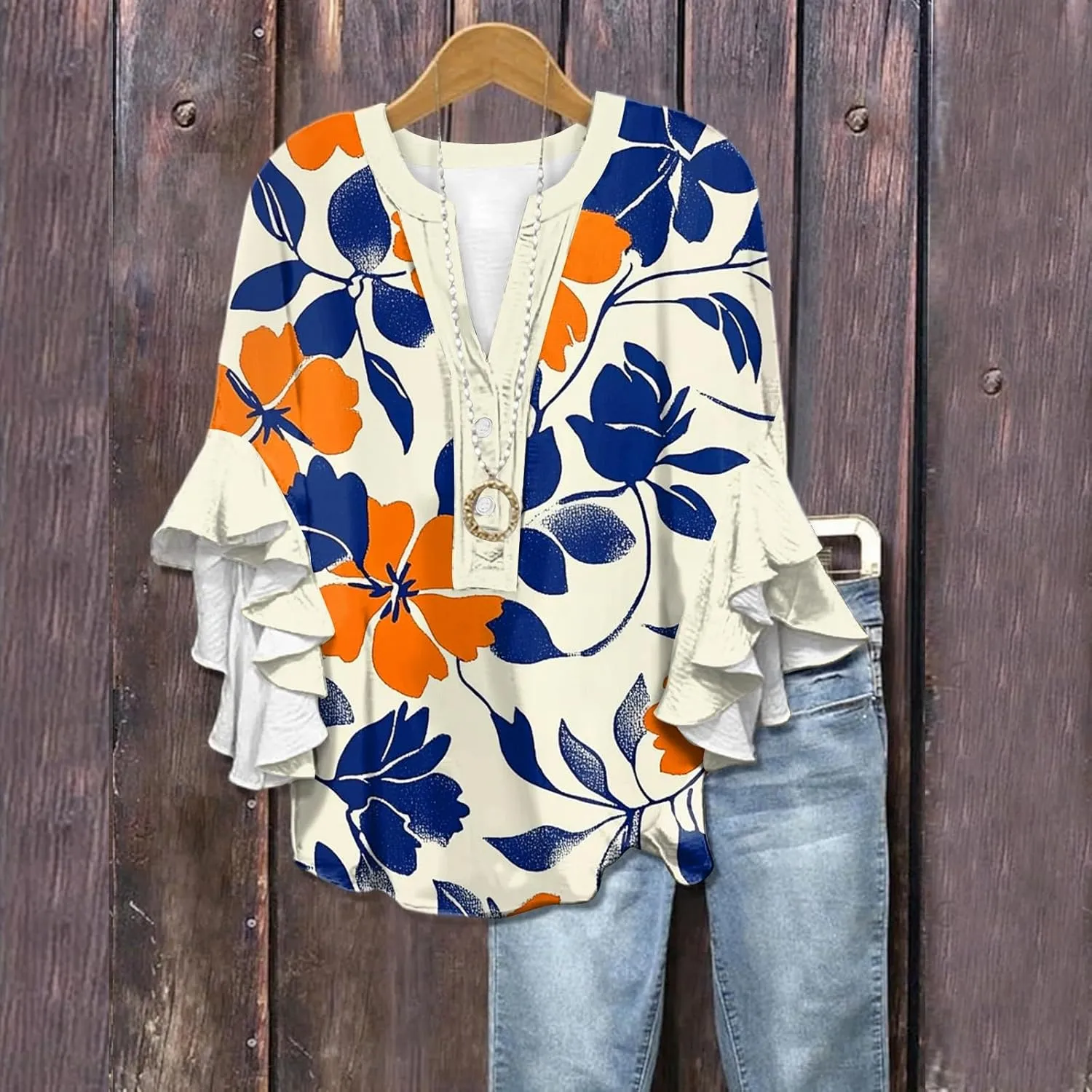 Womens Summer Tops 3/4 Length Sleeve Shirts for Women Plus Size Ruffle Sleeve V Neck Button Down Floral Tunic Tops