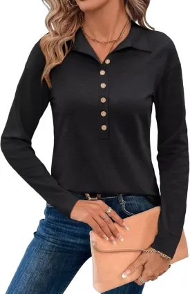 Womens V Neck Collared Shirts Long Sleeve Button Tops Dressy Casual Spring Tops Loose Polo Blouse 2025