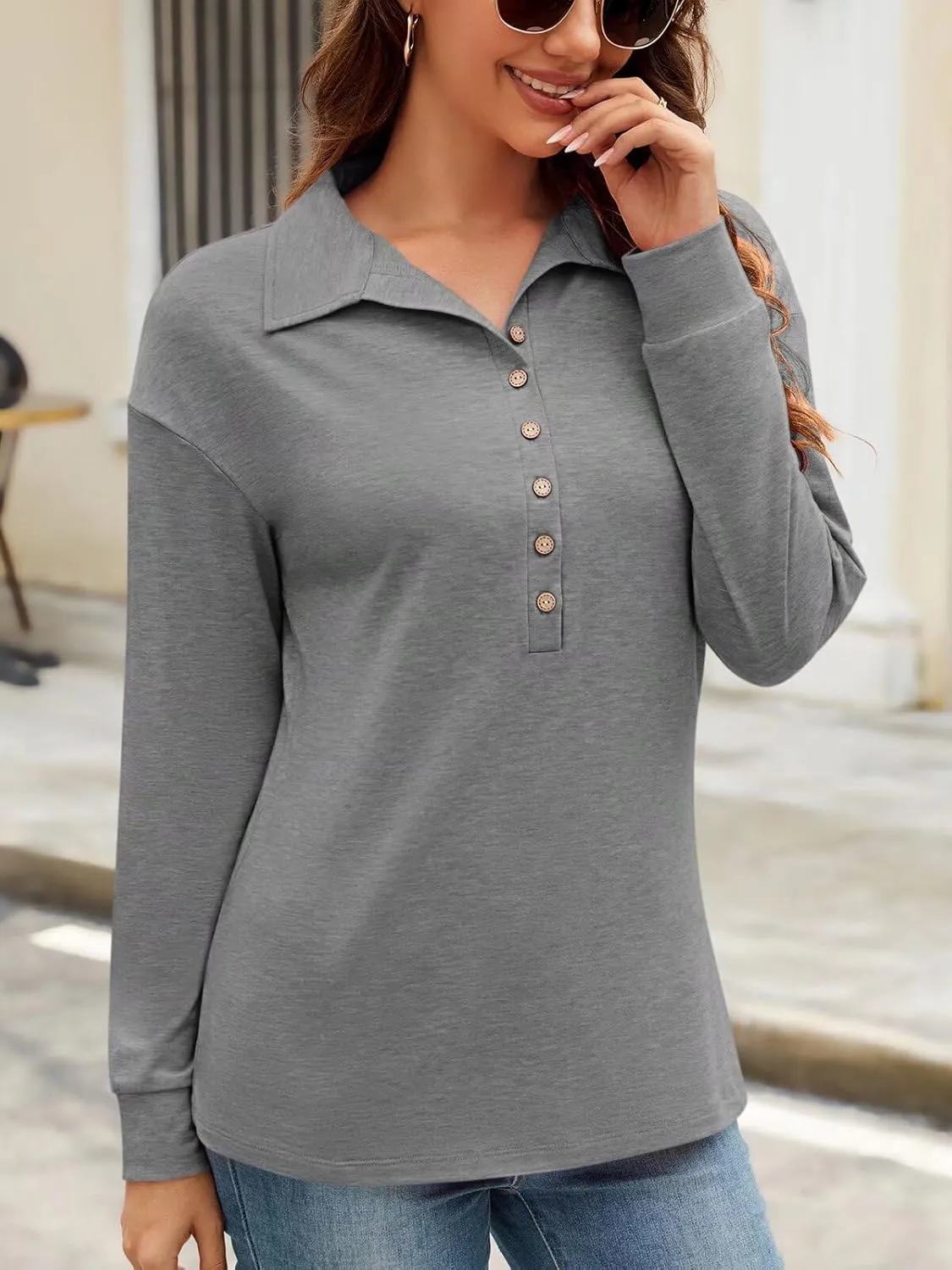 Womens V Neck Collared Shirts Long Sleeve Button Tops Dressy Casual Spring Tops Loose Polo Blouse 2025