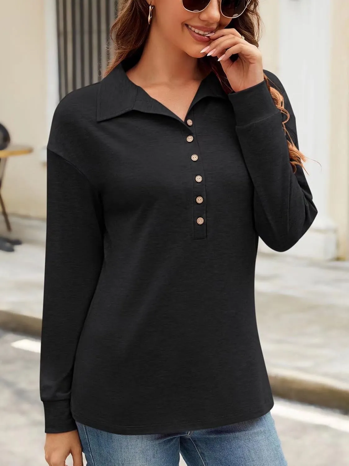 Womens V Neck Collared Shirts Long Sleeve Button Tops Dressy Casual Spring Tops Loose Polo Blouse 2025