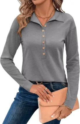 Womens V Neck Collared Shirts Long Sleeve Button Tops Dressy Casual Spring Tops Loose Polo Blouse 2025