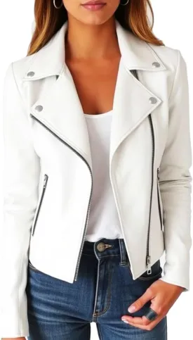 Women's White Real Leather Moto Jacket, Asymmetric Zipper, 24 in Length