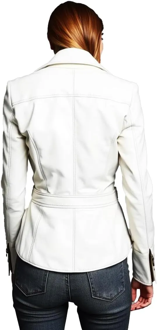 Women's White Real Leather Moto Jacket, Asymmetric Zipper, 24 in Length