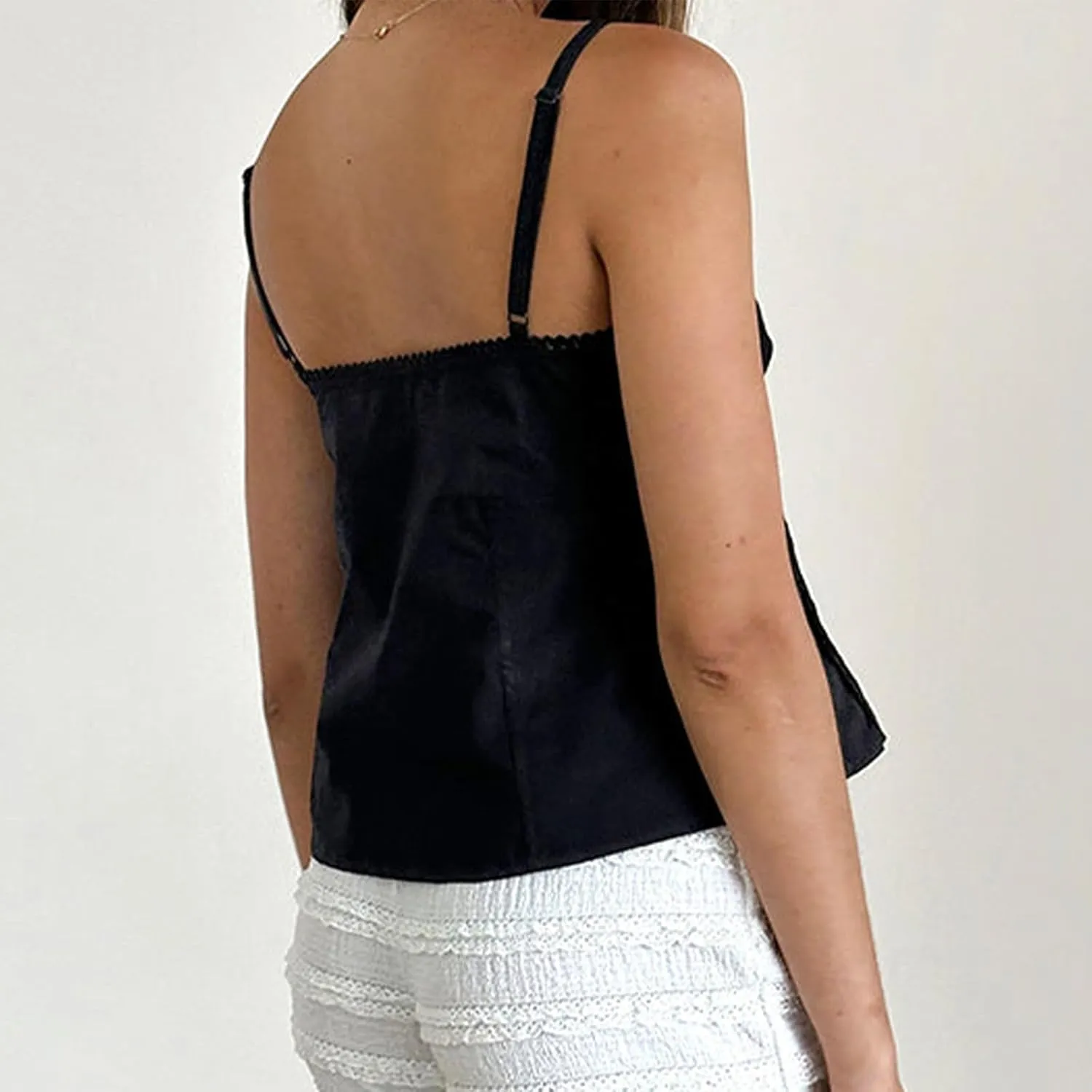 Women's Y2k Lace Trim Cropped Camisole Sexy Low Cut Deep V Neck Spaghetti Strap Cami Tank Fairy Babydoll Shirt Top