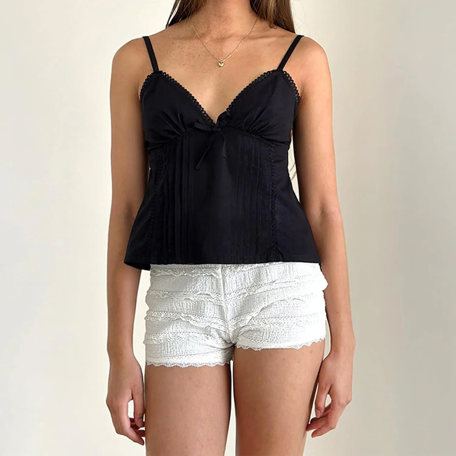 Women's Y2k Lace Trim Cropped Camisole Sexy Low Cut Deep V Neck Spaghetti Strap Cami Tank Fairy Babydoll Shirt Top