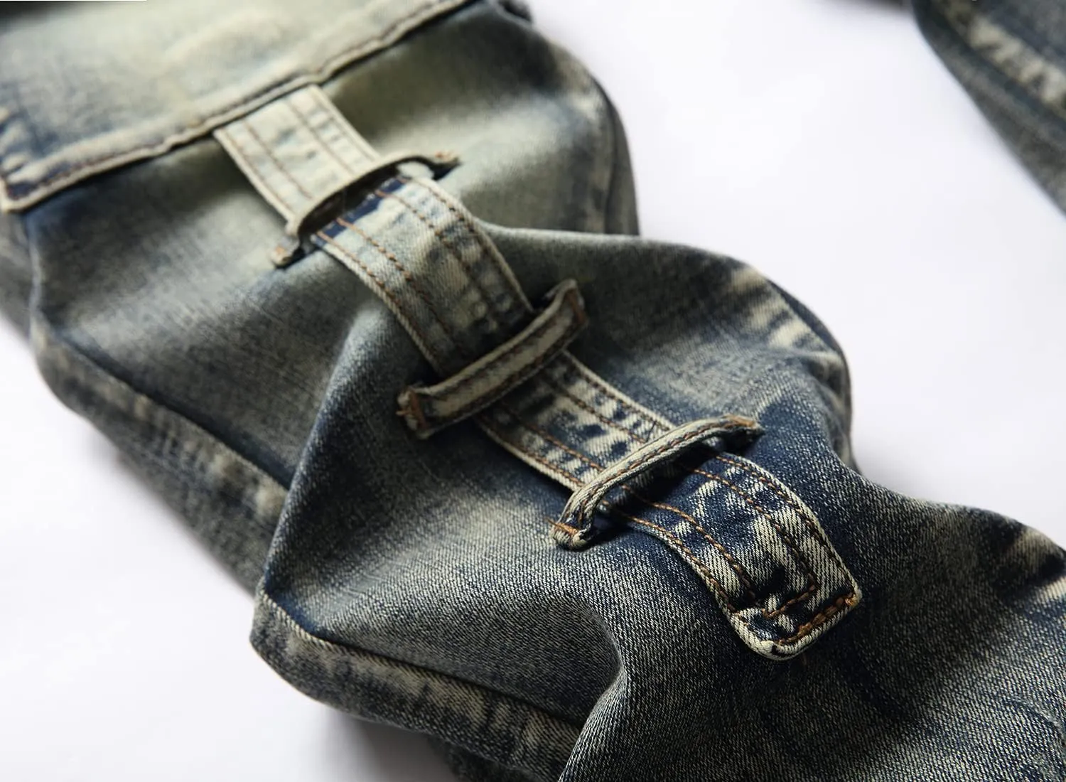 XIMXIMMTIAN Men's Biker Moto Washed Distressed Slim Fit Straight Jeans Denim