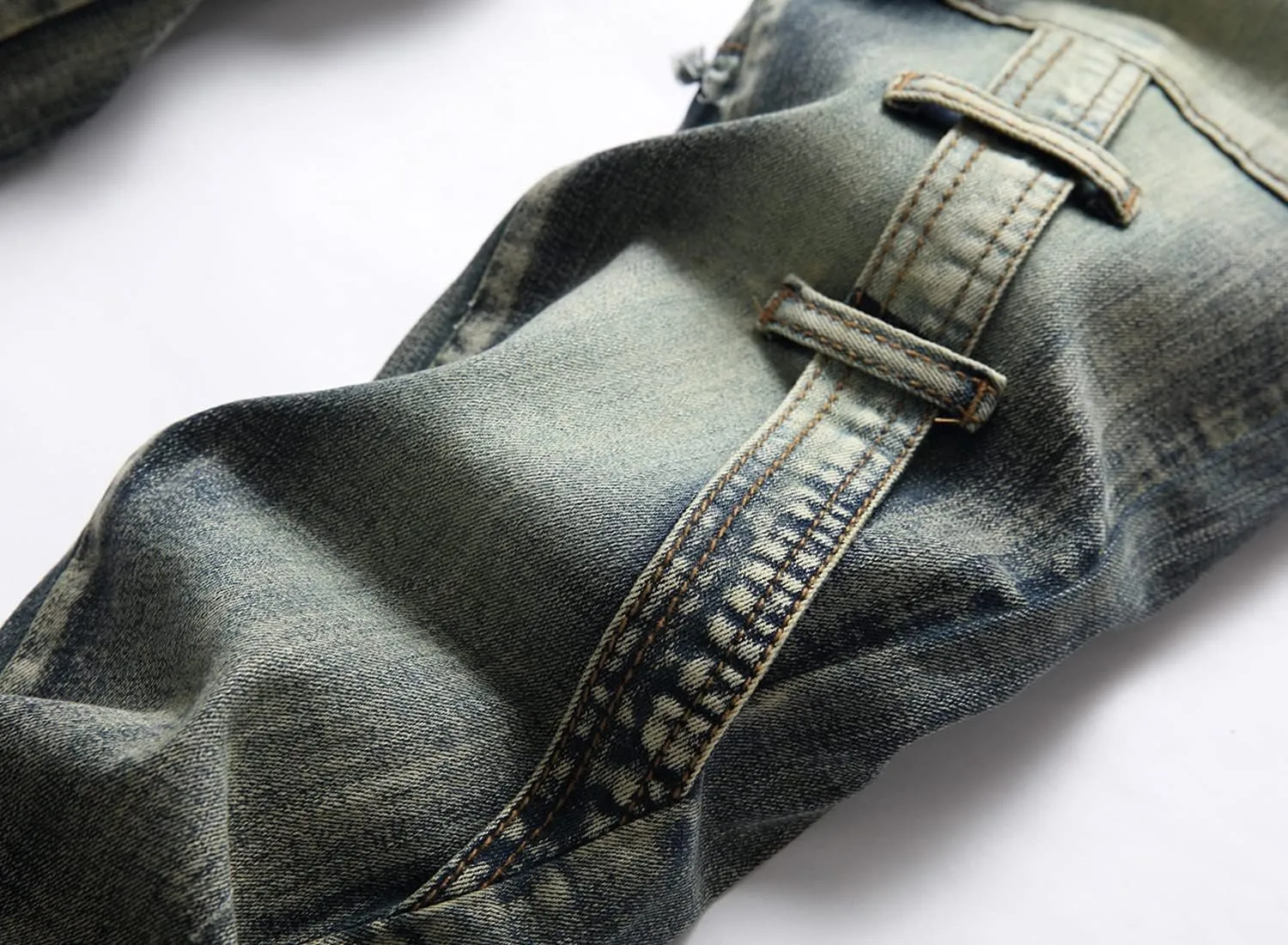 XIMXIMMTIAN Men's Biker Moto Washed Distressed Slim Fit Straight Jeans Denim