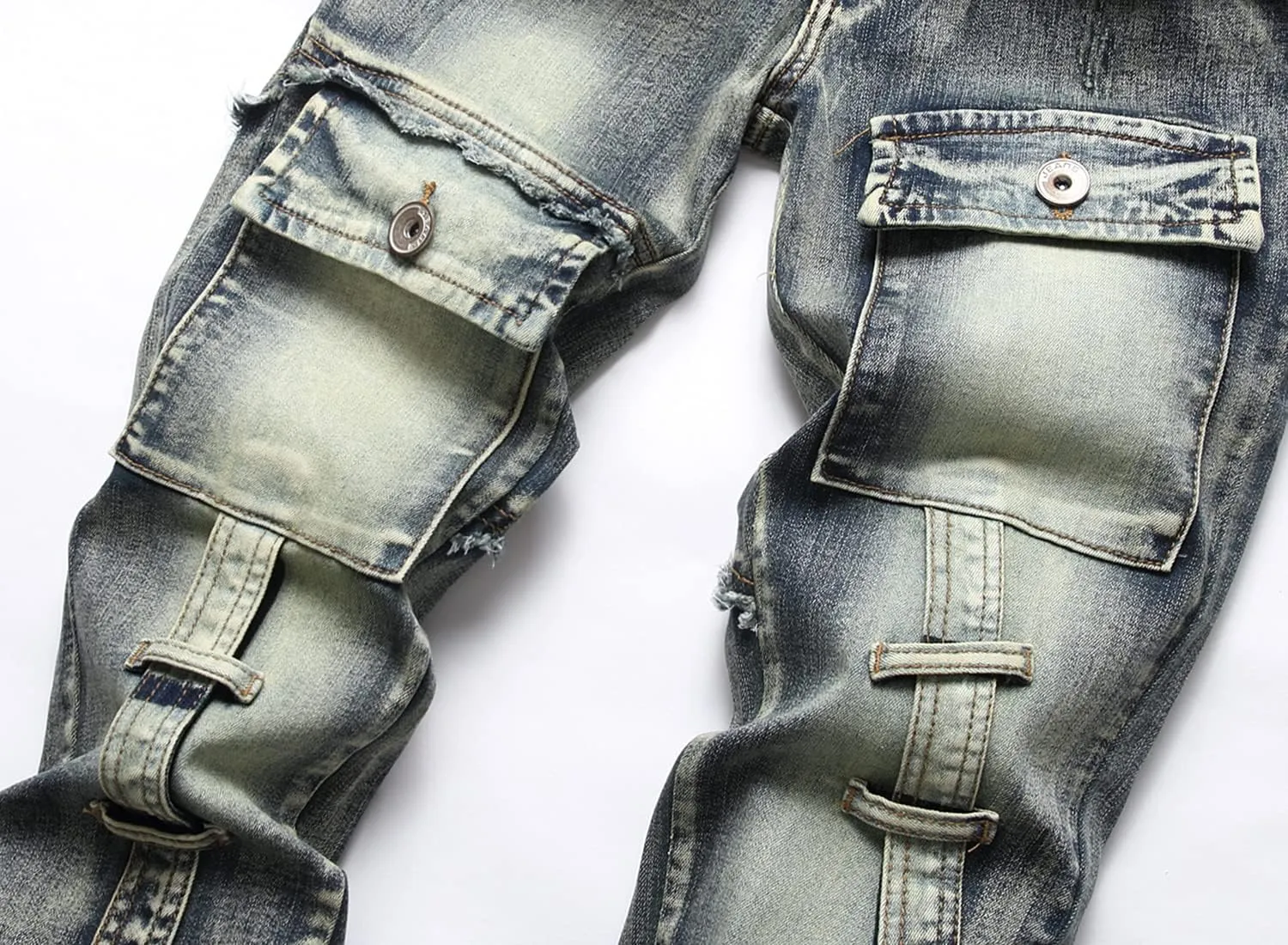 XIMXIMMTIAN Men's Biker Moto Washed Distressed Slim Fit Straight Jeans Denim