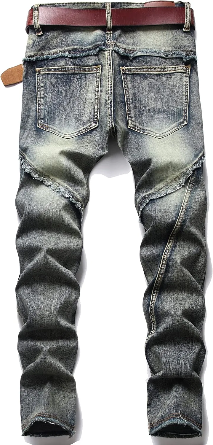 XIMXIMMTIAN Men's Biker Moto Washed Distressed Slim Fit Straight Jeans Denim