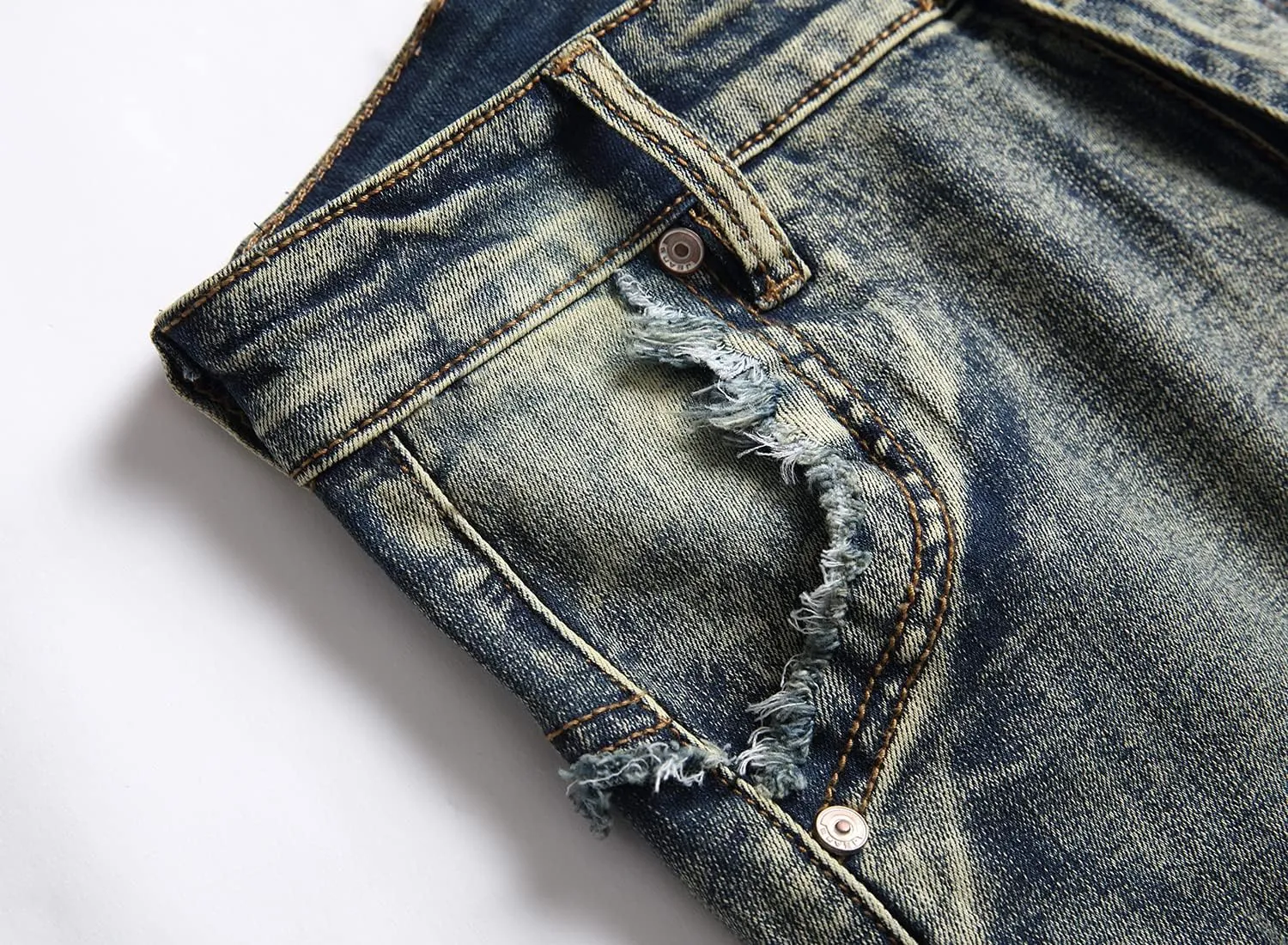 XIMXIMMTIAN Men's Biker Moto Washed Distressed Slim Fit Straight Jeans Denim
