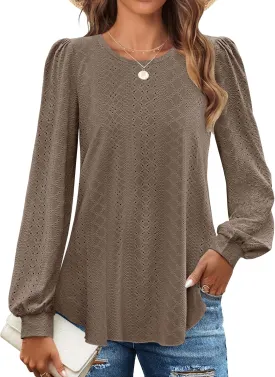 ZESICA Long Sleeve Eyelet Tops for Womens Crew Neck Fall Shirts Casual Loose Blouses 2025 Trendy Clothes